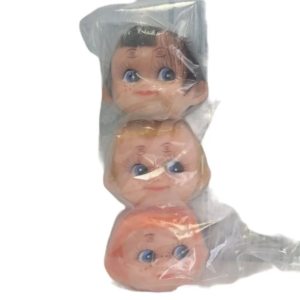 3 Vintage Soft Plastic New In Package Baby Doll Heads Brunette Brown Blonde Hair